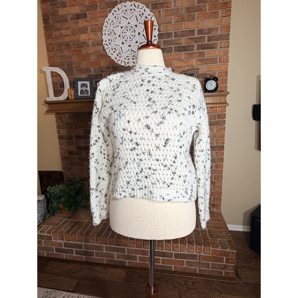 MNG Sweater Womens Cream Black Marled Open Knit Mock Neck Pullover XS